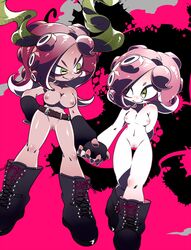 areolae ass_visible_through_thighs belt big_breasts breasts elite_octoling female green_eyes holding_hands inverted_nipples light-skinned_female light_skin mask_(marking) naked_belt naked_boots naked_footwear naked_gloves navel nintendo nipples no_pubic_hair nude octarian octoling octoling_rival pussy red_hair sizma small_breasts splatoon suction_cup tentacle tentacle_hair