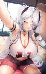 1girls azur_lane booty_shorts breasts cameltoe cleavage female huge_breasts iron_blood_(azur_lane) light-skinned_female light_skin long_hair naughty_face prinz_eugen_(azur_lane) prinz_eugen_(brilliant_touchdown)_(azur_lane) short_shorts shorts smile sports_bra sportswear thick_thighs twintails white_hair yusha_(m-gata)