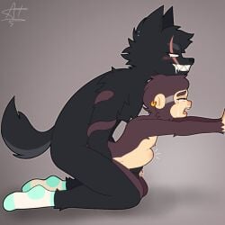 2boys 2d ahe_gao anal anal_penetration anal_sex animal_genitalia anthro belly_bulge belly_button big_dom_small_sub big_knot big_penis black_fur blush brawl_stars brown_fur completely_nude deep_penetration digital_media_(artwork) earrings erection fangs from_behind fur furry gay handjob handjob_while_penetrating hi_res huge_cock inside_viem knot knotting looking_at_another looking_pleasured male male/male male_only mammal masturbation mico_(brawl_stars) monkey nipples nude nude_male oc open_mouth penetration penis penis_in_ass scar scar_across_eye sex sharp_teeth simple_background size_difference socks socks_only stomach_bulge tail tears tears_of_pleasure video_games wolf