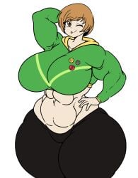 2d atlus big_ass breasts_bigger_than_head chie_satonaka hand_on_head hand_on_hip huge_ass huge_breasts hyper hyper_breasts hyper_hips inakotho large_ass large_breasts muscular persona persona_4 satonaka_chie smile smiling tagme thick_thighs