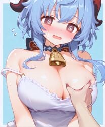 1girls ai_generated alternate_breast_size blue_hair breast_grab breasts cleavage female female_only ganyu_(genshin_impact) genshin_impact horns large_breasts solo swirly_eyes thighs unajyu