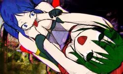 2013 2girls asphyxiation bare_shoulders bikini blue_eyes blue_hair choking cleavage dancer echidna_(maha_no_hanashi) edit edited_screencap elbow_gloves ell182a_(masa_works_design) encantada_(vocaloid) female female/female female_only from_above full_body_edit gloves grabbing_another&#039;s_arm grabbing_arms green_eyes green_hair gumi hair_ornament hatsune_miku loincloth masa_works_design matching_hair/eyes multiple_girls mv_character o-ring o-ring_top official_art open_mouth rape red_bikini red_footwear saliva shoes sitting smile strangling tears the_dancer_(maha_no_hanashi) third-party_edit tongue tongue_out twintails vocaloid yuri