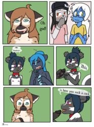 2017 amphibian anthro bell_collar black_fur black_nose black_penis blue_eyes blue_fur blue_hair blue_skin blush breasts brown_fur brown_hair closed_eyes clothed clothing collar comic coughing dialogue dickgirl english_text eyewear female fiona_(artist) frog fur futa_on_female glasses green_eyes hair hat hyena intersex intersex/female jeanette_(xelaaredn) licking long_hair looking_pleasured lorelei_(xelaaredn) mammal navel nude oral penis penis_lick penny_(natani) pink_nose poison_dart_frog precum procyonid purple_eyes raccoon rodent sex skunk small_breasts squirrel tasmin_(natani) text tongue tongue_out veronica_(natani) white_hair yellow_eyes young