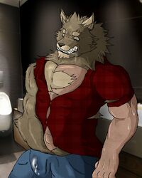 anthro audiophilliac barazoku canine cum_through_clothes drooling erection leaking male male_only mammal muscular public saliva solo sweat transformation were werewolf wet