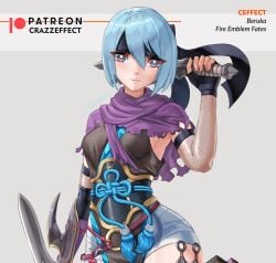 1girls alternate_costume armpits bare_thighs beruka_(fire_emblem) blue_hair breasts crazzeffect female female_only fingerless_gloves fire_emblem fire_emblem_fates fishnets frown gloves grey_background grey_eyes headband knife light_blue_hair looking_at_viewer ninja nintendo pelvic_curtain sarashi scarf short_hair sideboob small_breasts solo sword thighs upper_body weapon