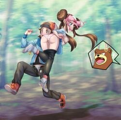 1boy 1girls :o absurd_res anger_vein ass blue_eyes blurry_background blush bra bra_removed breasts brown_eyes brown_hair carrying carrying_over_shoulder commentary commission creatures_(company) double_bun forest full_body game_freak hat hi_res hilbert_(pokemon) inset long_hair long_twintails medium_breasts nature nintendo nipples open_mouth panties pantyhose pantyhose_pull pink_bra pokemon pokemon_(game) pokemon_bw pokemon_bw2 rescue rosa_(pokemon) running scared shoes striped striped_panties third-party_source tights tlacuicani twintails unbuttoned upshirt ursaring visor_cap