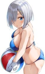 artist_name artist_signature ass bare_shoulders beach_ball belko bikini bikini_bottom bikini_top blue_eyes breasts eyebrows eyebrows_visible_through_hair gloved_hands gloves hair hair_over_one_eye hairclip hamakaze_(kantai_collection) high_resolution highres kantai_collection short_hair side_profile solo solo_female thighs white_background white_gloves white_hair