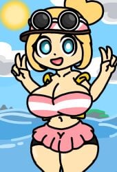 background big_breasts bikini bikini_top blonde_hair blue_eyes cap clothed clothing coraline_(mii_plaza) huge_breasts jacket jacket_open massive_ass mii miintendo ocean peace_sign posing posing_for_the_viewer revealing_clothes shorts skirt streetpass_mii_plaza summer sunglasses sunglasses_on_head thick_ass thick_thighs topwear v_sign water