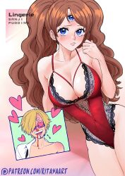 1boy 1girls 3_eyes alternate_eye_color artist_name blonde_hair blood blue_eyes blush breasts brown_hair charlotte_pudding cleavage curvy embarrassed female heart highleg highleg_leotard large_breasts leotard lips long_hair looking_at_another looking_at_viewer male multi_eye nosebleed one_piece open_clothes open_shirt parted_bangs red_leotard ritayaart1 shiny_skin shirt short_hair simple_background smile straight twintails very_long_hair vinsmoke_sanji white_shirt wide_hips