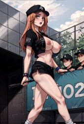 ai_generated angry baseball_cap baseball_uniform breast_out covered_nipples crop_top crowd exhibitionism field hard_nipples large_breasts lifted_shirt long_hair microshorts nipples orange_hair shirt_lift shorts sneakers tokyo_revengers uniform yellow_eyes yuzuha_shiba