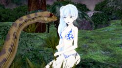 3d bikini blue_eyes blue_lipstick breasts facial_scar jungle kaa koikatsu lipstick long_hair medium_breasts mrkoiru outdoors ponytail rwby scar snake swimsuit the_jungle_book weiss_schnee white_hair