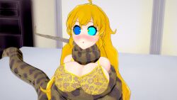 asphyxiation big_breasts blonde_hair bra breasts coiling coils constricting constriction crossover disney happy_trance hypnosis kaa large_breasts mrkoiru open_mouth rwby snake strangling submissive submissive_female the_jungle_book yang_xiao_long