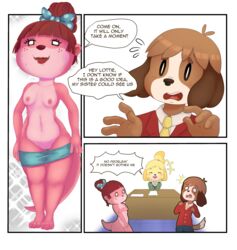 2017 absurd_res animal_crossing anthro areola breasts brother brother_and_sister canine clothed clothing comic dialogue digby_(animal_crossing) english_text female freckles group hi_res isabelle_(animal_crossing) krayboost lottie_(animal_crossing) male mammal mustelid nintendo nipples opposite_sex_twins otter pussy shih_tzu sibling sister text undressing video_games