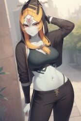 1girls ai_generated big_breasts black_bra clothing female female_only happy long_hair midna nintendo public ruptuorie solo the_legend_of_zelda the_legend_of_zelda:_twilight_princess twili_midna twilight_princess