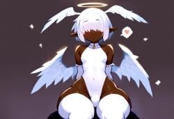 1boy ai_generated alriel angel angel_wings curvaceous curvy dark-skinned_femboy dark-skinned_male dark_skin femboy halo hyper_hips mullon novelai original sissy thick_thighs trap white_hair wide_hips