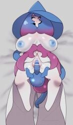 1girls 2021 big_breasts black_sclera blue_hair blue_nipples breasts breasts_out censored female fingering hat hatterene large_breasts masturbation nintendo nipples on_back on_bed pokémon_(species) pokemon pokemon_(species) pokemon_ss pussy pussy_juice solo uenositasayuu wet white_body white_eyes white_skin