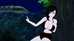 1boy 1girls 3d angry bikini black_hair breasts crossed_arms crossover jungle kaa koikatsu large_breasts lipstick mrkoiru outdoors pale_skin red_lipstick ruby_rose rwby short_hair silver_eyes snake swimsuit the_jungle_book tree