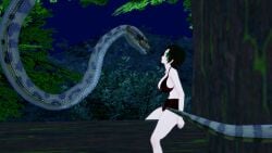 1boy 1girls 3d bikini black_hair breasts cleavage coiling crossover hypnosis jungle kaa kaa_eyes koikatsu large_breasts leaning_forward lipstick mind_control mrkoiru outdoors pale_skin red_lipstick ruby_rose rwby short_hair snake surprised swimsuit the_jungle_book tree vore