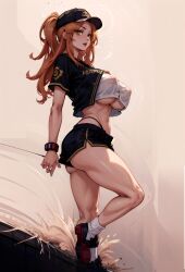 ai_generated baseball_cap baseball_uniform covered_nipples crop_top field hard_nipples long_hair microshorts orange_hair shorts sneakers tokyo_revengers uniform yellow_eyes yuzuha_shiba