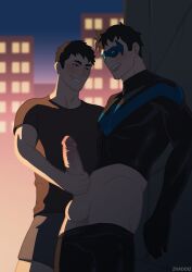 balls bara batman_(series) big_balls big_penis blush clothing conner_kent dc dc_comics dick_grayson erection gay handjob kon-el male male/male male_only masked masturbation muscular_male nightwing penis public public_sex superboy tight_clothing young_justice zhadoiz