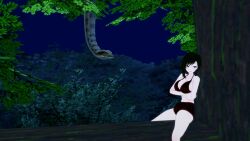 1girls 3d angry bikini black_hair breasts crossed_arms crossover female human jungle kaa koikatsu large_breasts lipstick mrkoiru outdoors pale_skin red_lipstick ruby_rose rwby short_hair silver_eyes snake swimsuit the_jungle_book tree