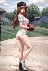 ai_generated baseball_cap baseball_uniform covered_nipples crop_top field hard_nipples long_hair microshorts orange_hair shorts sneakers tokyo_revengers uniform yellow_eyes yuzuha_shiba