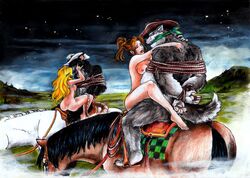 anthro anthro_on_female anthro_on_human arms_behind_back blonde_hair bondage bound breasts brown_hair canine equine eternat.knot_(artist) female female_dominating_nonhuman female_on_anthro femdom feral gag gagged hair horse human human_female human_on_anthro interspecies lasso male malesub mammal multiple_subs nipples nonhuman_male_on_human_female nude rope saddle straight wolf