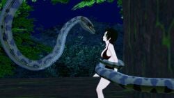 1boy 1girls 3d bikini black_hair breasts cleavage coiling crossover hypnosis jungle kaa kaa_eyes koikatsu large_breasts leaning_forward lipstick mind_control mrkoiru outdoors pale_skin red_lipstick ruby_rose rwby short_hair snake surprised swimsuit the_jungle_book tree vore