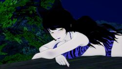 2girls 3d ass bikini black_hair blake_belladonna breasts cat_ears cat_girl crossover faunus jungle koikatsu large_ass large_breasts lipstick long_hair mrkoiru on_stomach outdoors pale_skin purple_lipstick rwby short_hair swimsuit the_jungle_book tiger_print tree yellow_eyes