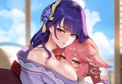 2females 2girls affectionate ai_generated bedroom blush blush_lines breast_squish breasts breasts_bigger_than_head breasts_out clothed clothing clouds day duo duo_female duo_focus earrings eyebrows eyebrows_visible_through_hair eyelashes face_in_breasts face_in_chest female female/female female_focus female_only genshin_impact girl hair hair_between_eyes hair_ornament indoors large_breasts miyuai pink_eyes pink_hair purple_clothing purple_eyes purple_hair raiden_shogun thiccwithaq_(ai_style) tits_out window yae_miko
