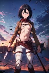 ai_generated anime_style attack_on_titan black_hair mikasa_ackerman navel nip_slip paradis_military_uniform ripped_clothing short_hair skimpy_clothes sword