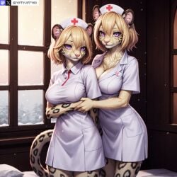 2girls ai_generated animal_ears anthro artist_name blonde_hair breasts cleavage dress feline furry furry_female hair_between_eyes hat large_breasts leopard leopard_ears leopard_tail looking_at_viewer multiple_girls nurse nurse_cap purple_eyes short_hair short_sleeves smile stable_diffusion tail twitter twitter_username watermark yiffyjiffy69