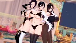 3girls akinama_family_(noir-black-shooter) black_hair cosplay dark_blue_hair grey_eyes itsu_akinama_(noir-black-shooter) koikatsu milf naoki_akinama_(noir-black-shooter) naoko_akinama_(noir-black-shooter) noir-black-shooter oc original original_character purple_eyes race_queen silver_eyes sisters twins