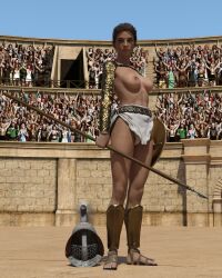 1girls 3d brown_hair cb1964 gladiator gladiatrix helmet original spear topless topless_female weapon