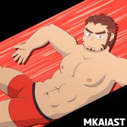 1boy akashi_(live_a_hero) boxers bulge floating live-a-hero live_a_hero looking_at_viewer male male_only mkaiast muscles muscular muscular_male nipples pecs plain_background red_clothing red_eyes red_hair underwear underwear_only white_skin