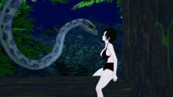 1boy 1girls 3d bikini black_hair breasts cleavage crossover hypnosis jungle kaa kaa_eyes koikatsu large_breasts leaning_forward lipstick mind_control mrkoiru outdoors pale_skin red_lipstick ruby_rose rwby short_hair snake surprised swimsuit the_jungle_book tree vore weak_resistance