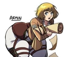 1boy armin_arlert ass ass_focus attack_on_titan big_ass big_ass_(male) big_butt big_butt_(male) blackwhiplash blonde_hair blonde_hair_male blue_eyes bottom_heavy bottom_heavy_femboy bwl clothed clothing colored colored_sketch edited fat_ass fat_butt femboy fully_clothed girly huge_ass huge_butt human_only looking_at_viewer male male_only paradis_military_uniform shingeki_no_kyojin sketch thick_ass thick_butt thick_thighs wide_hips