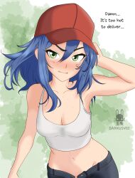 belly_button blue_hair darkusv02 delivery_girl green_eyes original_character red_hat sweat tank_top