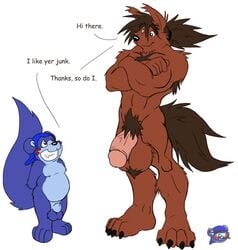 2008 animal_genitalia ball_tuft balls bearmon brown_balls canine comic_sans dialogue digimon duo flaccid grin humanoid_penis hybrid kuma_kun male male_only mammal muscular penis pubes purple_balls sheath smile wolf