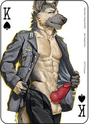 abs blue_eyes canine clothed clothing erection fonyaa fur german_shepherd hauptmann_meade looking_at_viewer male male_only mammal muscular open_pants open_shirt penis seductive smile solo undressing uniform