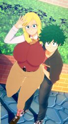 1boy 1girls 3d big_breasts blonde_hair breasts glasses green_eyes green_hair huge_breasts izuku_midoriya large_breasts looking_at_viewer melissa_shield my_hero_academia qxdt