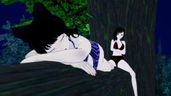 2girls 3d ass bikini black_hair blake_belladonna breasts cat_ears cat_girl faunus female female_only human jungle koikatsu large_ass large_breasts lipstick long_hair mrkoiru multiple_girls outdoors pale_skin purple_lipstick red_lipstick ruby_rose rwby short_hair silver_eyes sleeping swimsuit tiger_print tree