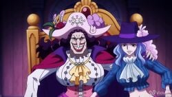 ai_generated animated blue_hair catarina_devon female forced_kiss forced_kissing french_kiss french_kissing grabbed grabbing hat jabbaman58 lesbian_domination long_nose on_lap one_piece pirate pirate_girl size_difference throne ugly_woman whitey_bay_(one_piece) woman_only yuri