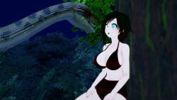 1boy 1girls 3d bikini black_hair breasts cleavage crossover hypnosis jungle kaa kaa_eyes koikatsu large_breasts lipstick mind_control mrkoiru outdoors pale_skin red_lipstick ruby_rose rwby short_hair snake surprised swimsuit the_jungle_book tree vore