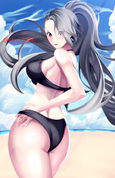 1girls ass beach bikini black_bikini black_swimsuit breasts clouds earrings excaliblader grey_hair large_breasts looking_at_viewer midriff ocean outside persona persona_5 ponytail red_eyes sae_niijima sky swimsuit water