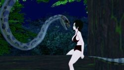 1boy 1girls 3d bikini black_hair breasts cleavage crossover hypnosis jungle kaa kaa_eyes koikatsu large_breasts leaning_forward lipstick mind_control mrkoiru outdoors pale_skin red_lipstick ruby_rose rwby short_hair snake surprised swimsuit the_jungle_book tree vore weak_resistance