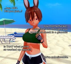 3d_(artwork) beach breasts bunny_ears bunnygirl dialogue dolphin_shorts fenrir:_blood_of_the_covenant koikatsu looking_at_viewer lulu_(fenrir) mollyavast sweat sweaty_body tan_lines