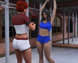 2girls 3d black_hair blue_shorts cb1964 midriff multiple_girls original red_hair short_hair shorts sports_bra