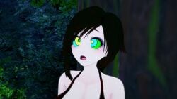 1boy 1girls 3d bikini black_hair breasts cleavage coiling crossover hypnosis jungle kaa kaa_eyes koikatsu large_breasts leaning_forward lipstick mind_control mrkoiru outdoors pale_skin red_lipstick ruby_rose rwby short_hair snake swimsuit the_jungle_book tree