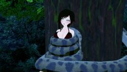 1boy 1girls 3d bikini black_hair breasts cleavage coiling confusion crossover hypnosis jungle kaa kaa_eyes koikatsu large_breasts leaning_forward lipstick mind_control mrkoiru outdoors pale_skin red_lipstick ruby_rose rwby short_hair snake swimsuit the_jungle_book trance_break tree